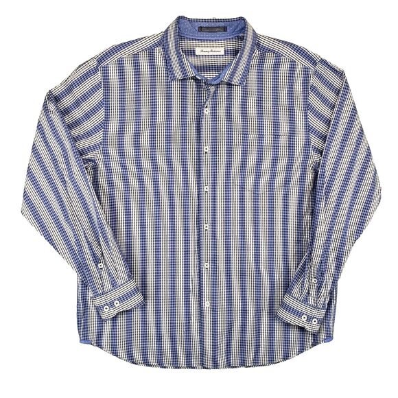 Tommy Bahama Geometric‎ Dress Shirt Mens Large Blue Check Retro Funky Resortwear - Picture 1 of 5